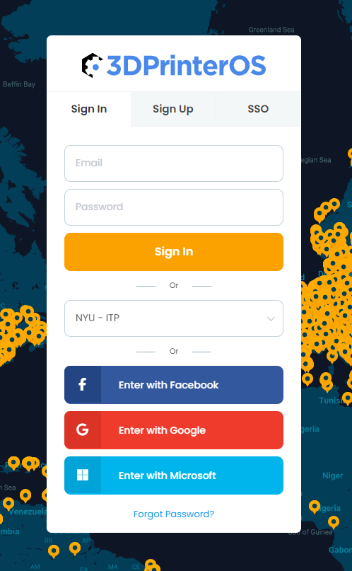 3D printer os ligin screen with NYU-ITP listed in the SSO field.