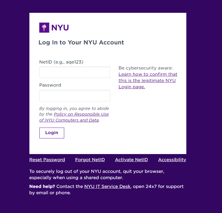 NYU purple SSO login screen